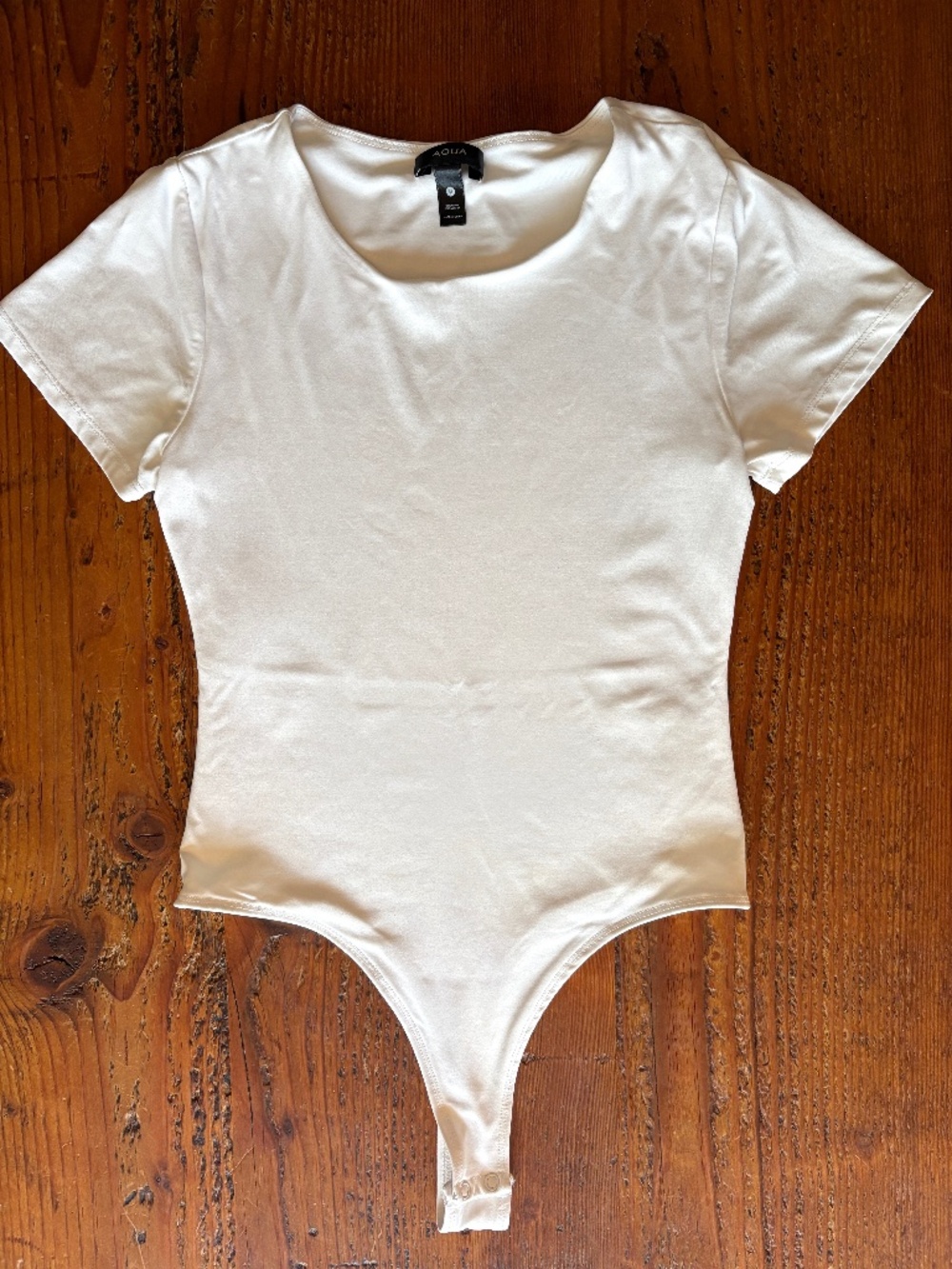 Aqua White Thong Short Sleeve Bodysuit, Size Medium Scoop Neck